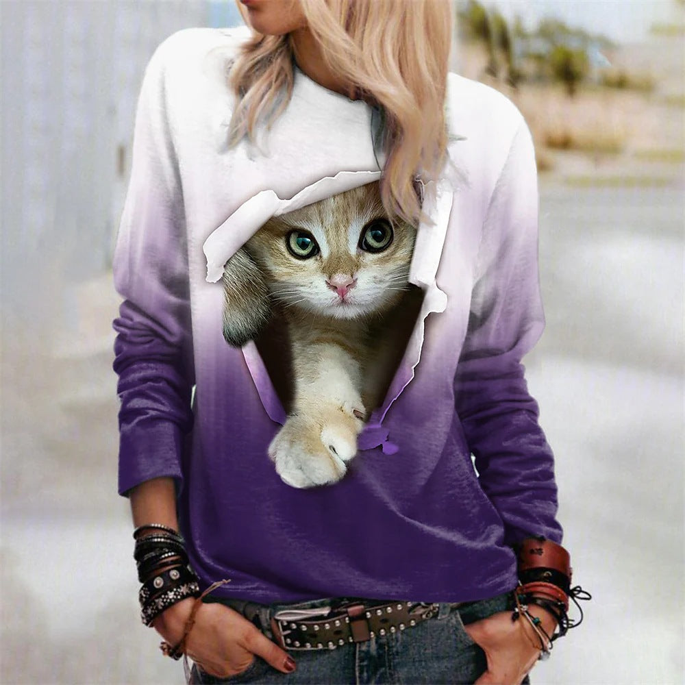 Gradient Cat Print Casual Pullover Sweatshirt