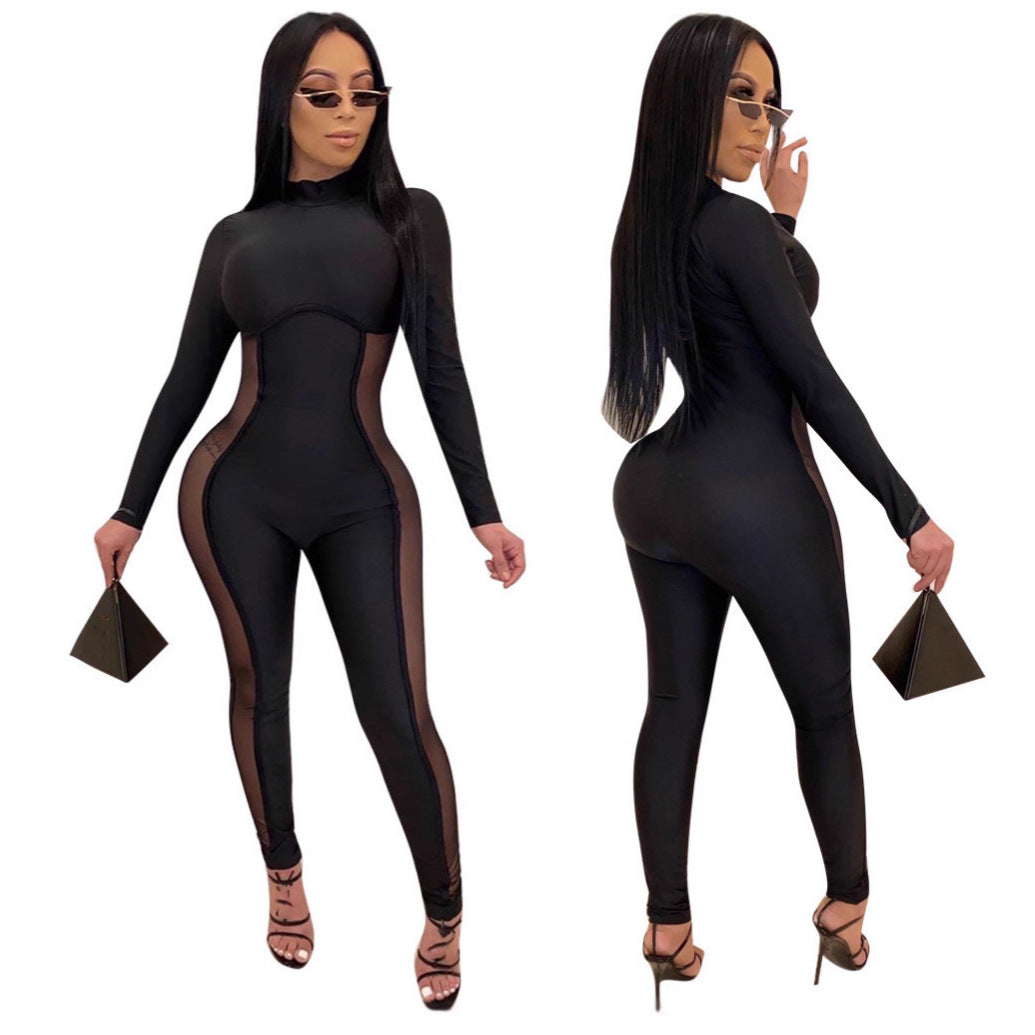 Sexy Mesh-Panel Long-Sleeve Jumpsuit for Women
