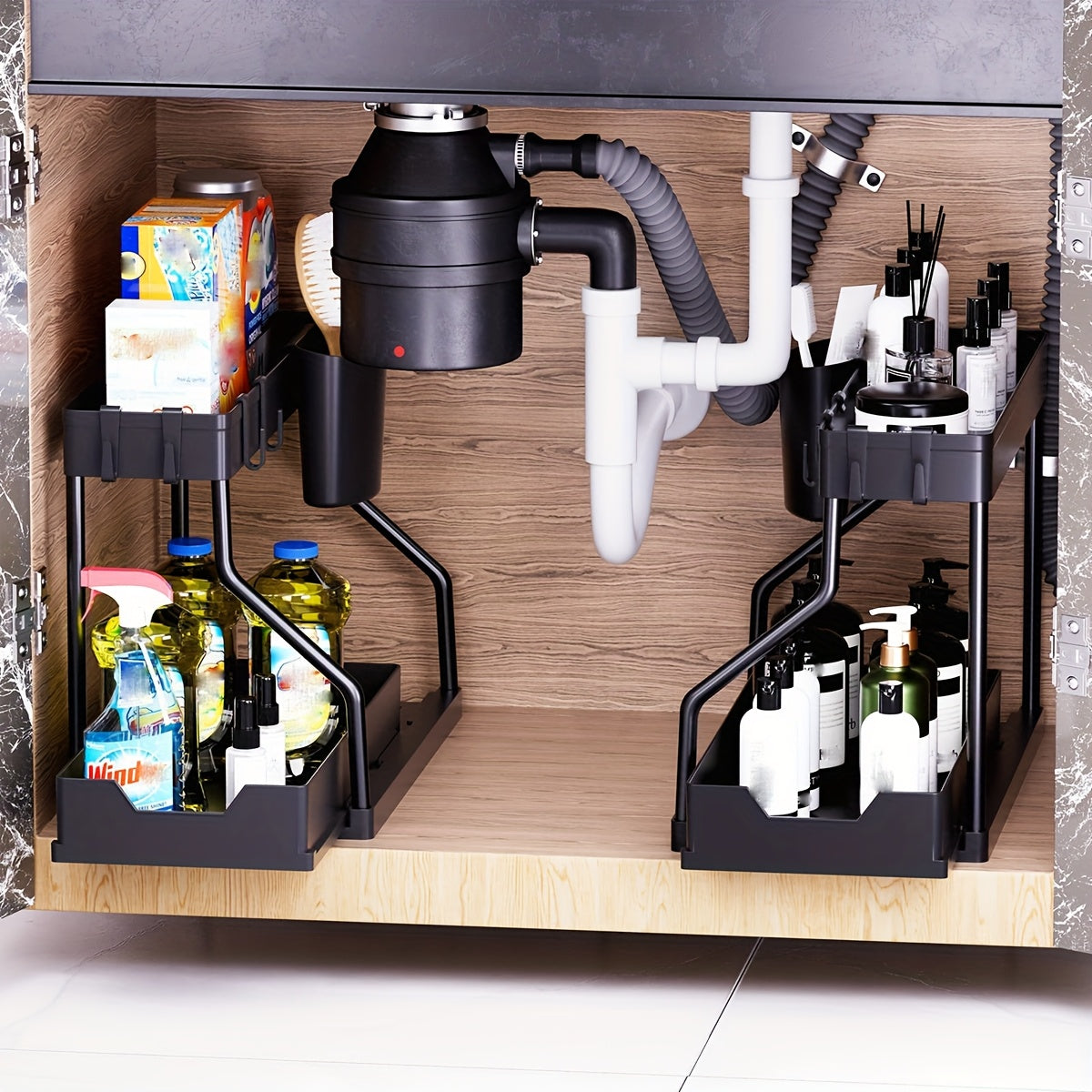 Durable Under Sink Organizer 2pcs Durable Under Sink Organizer with Sliding Shelves | Pull-Out Cabinet Organizer for Bathroom & Kitchen, Space-Saving Design, Sleek Appearance