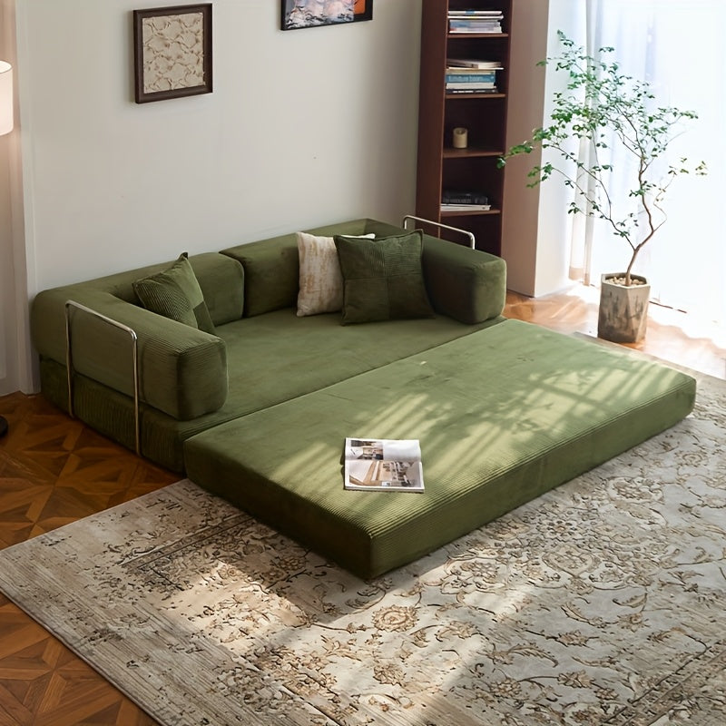 Modular L-shaped chaise longue sofa bed with deep seat and corduroy upholstery