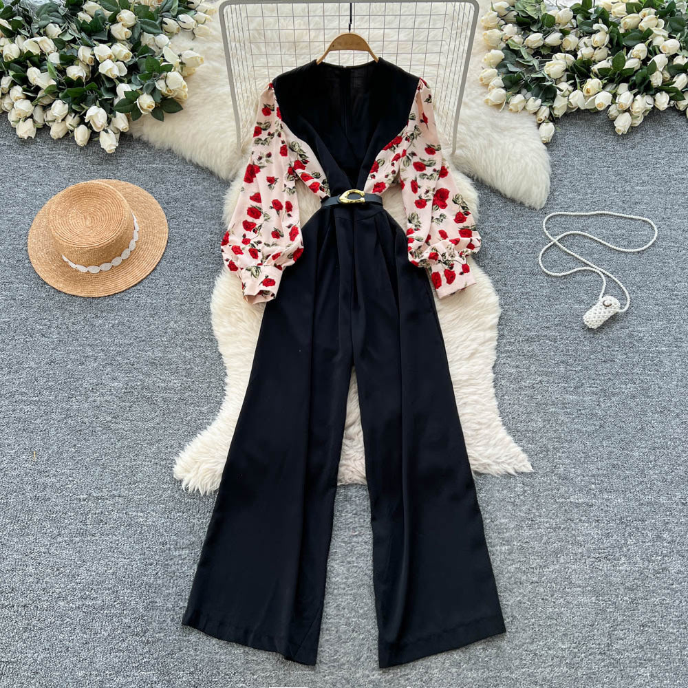 Elegant Floral Patchwork Long-Sleeve Jumpsuit
