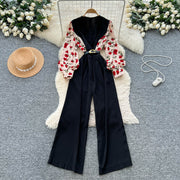 Elegant Floral Patchwork Long-Sleeve Jumpsuit