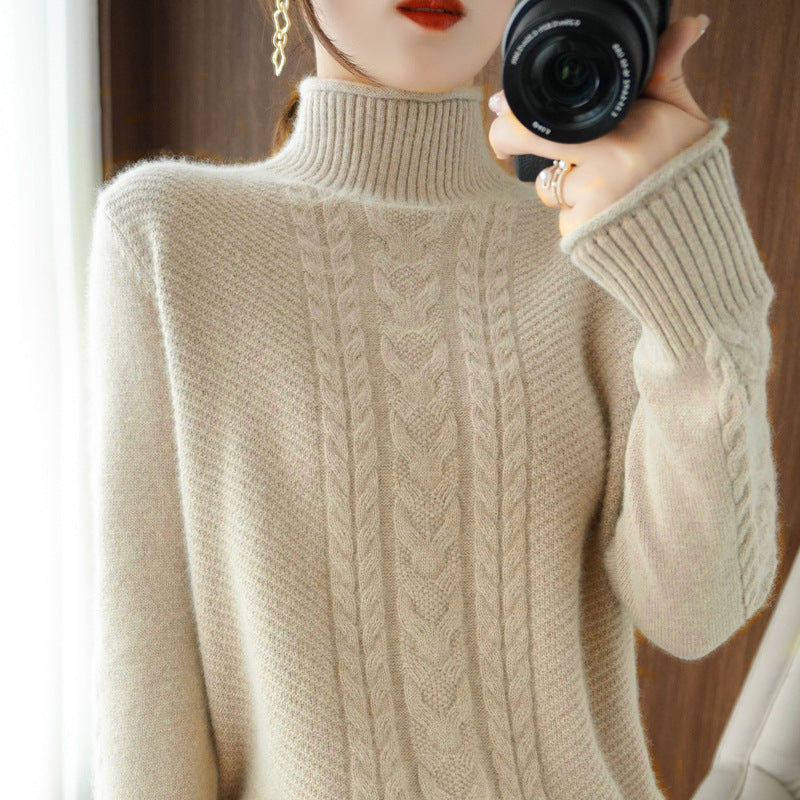 Womens Half-turtleneck Sweater with Cable Knit and Thickened Design