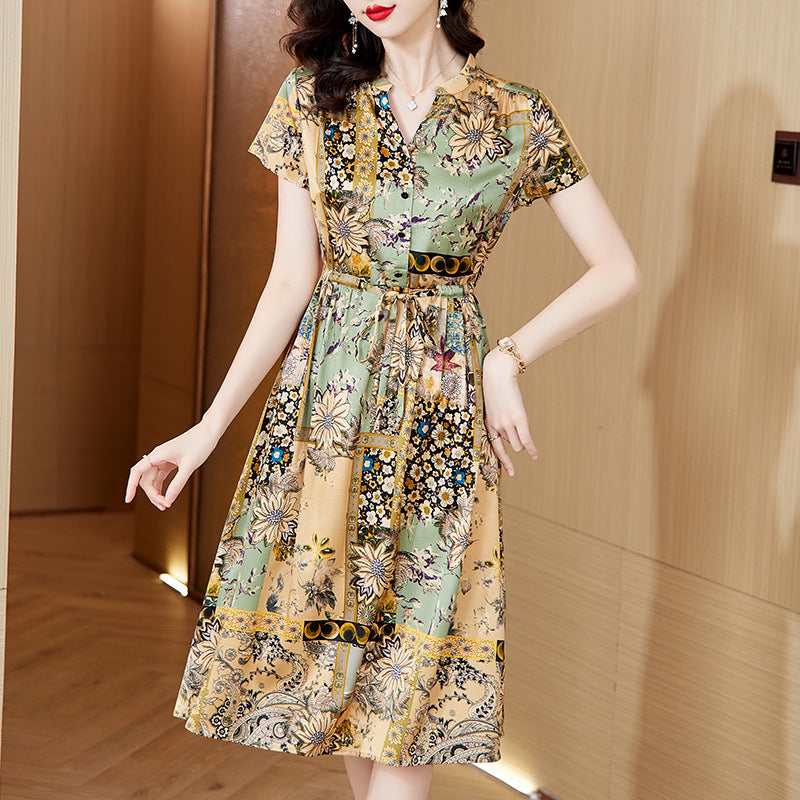 Elegant Floral Silk A-Line Dress for Mature Women