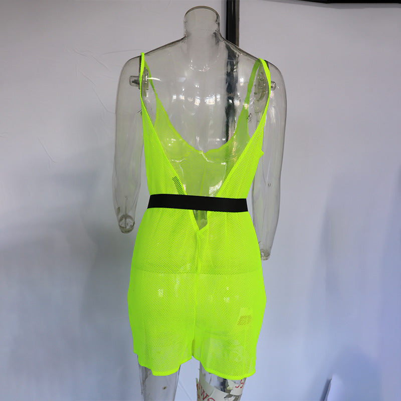 Neon Green Mesh Sleeveless Tight Jumpsuit