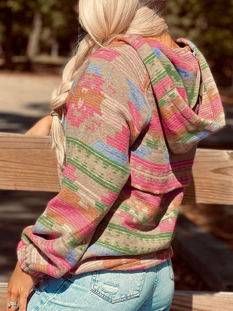 Women's Abstract Printed Zip Hoodie Casual Pullover