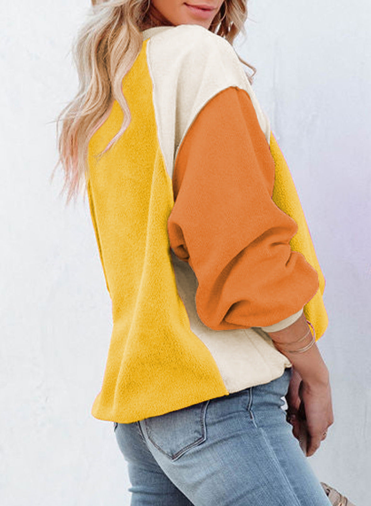 Cozy Colorblock Fleece Lantern Sleeve Pullover Top