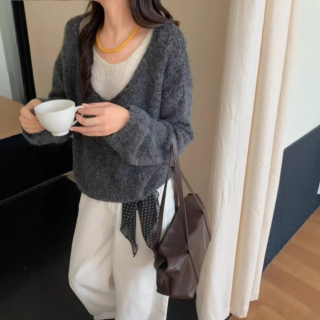 Laid-back Preppy Style Fake Two-piece Knitted Sweaters Top