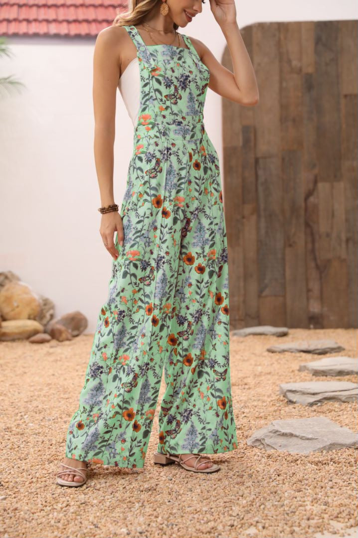 Floral Print Button Wide Leg Jumpsuit
