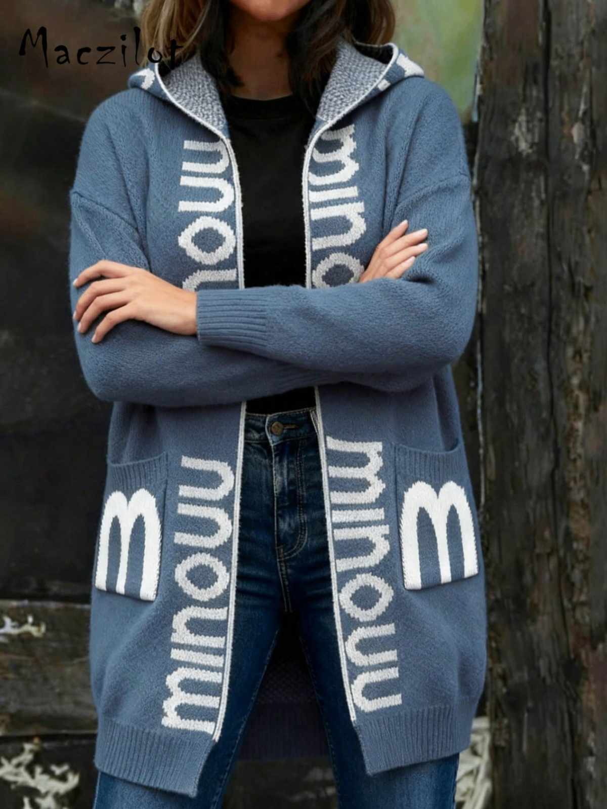 Women Loose Mid-length Hooded Knit Cardigan, Contrast Letter Jacquard Pockets Lazy Style Thick Sweater Coat for Fall Winter