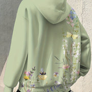 Women's Mint Green Floral Zip-Up Hoodie, Plus Size, Loose Fit, Front Pocket, Polyester, Lightweight All-Season Layer