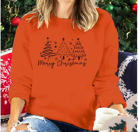 Festive Solid Color Christmas Crewneck Sweatshirt for Women