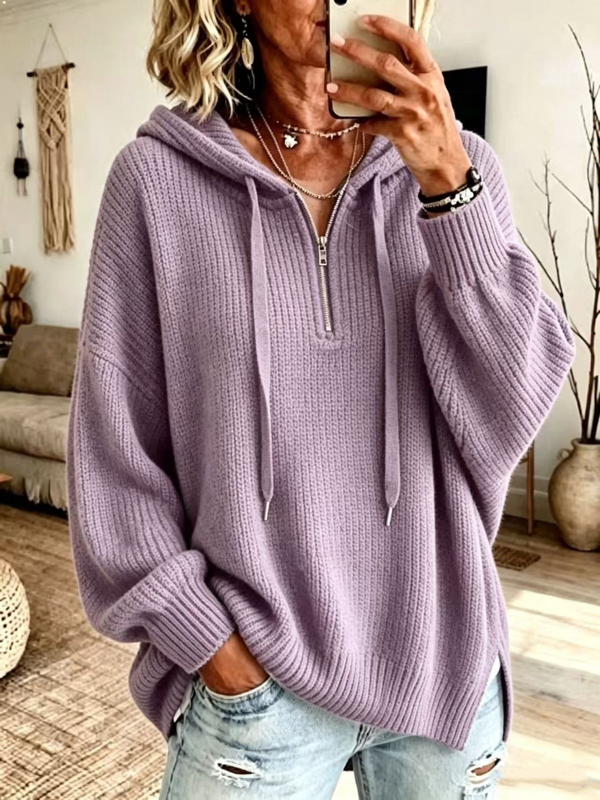 Retro Color-block Striped Half-zip Sweater with a Mock Neck