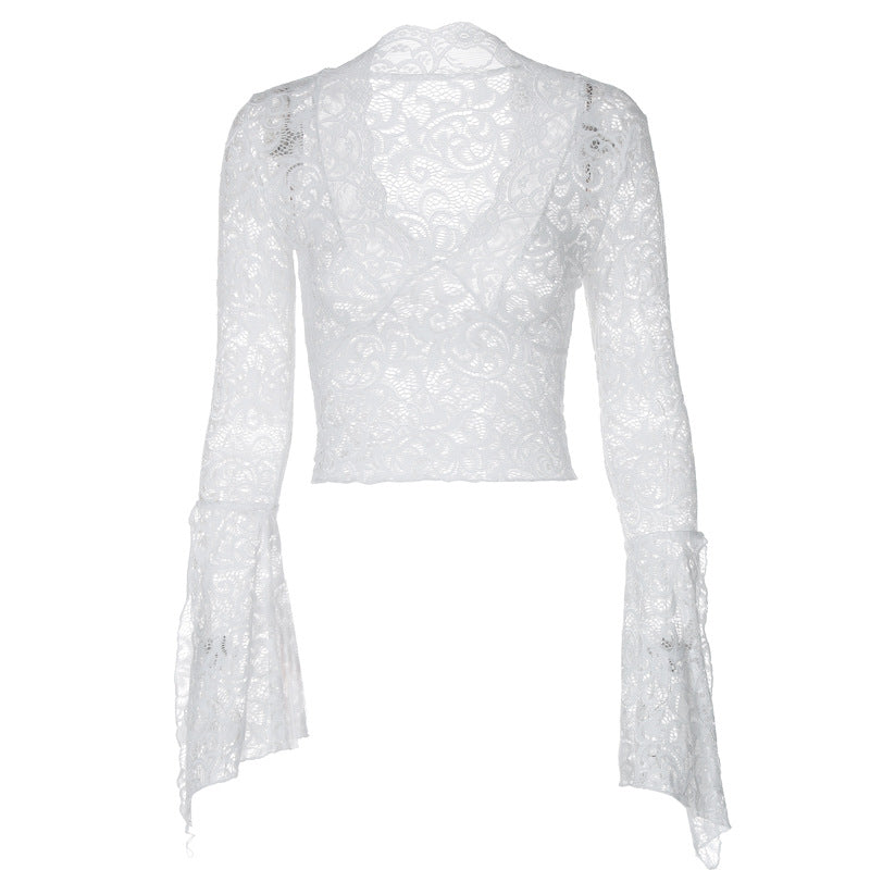 Sexy Deep V Slim Fit Midriff-baring Lace Long-sleeved Lace Top