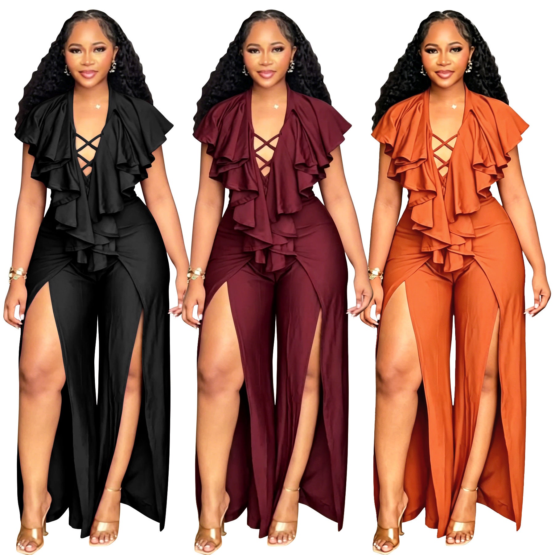 Elegant Ruffle Wide-Leg Plus Size Jumpsuit