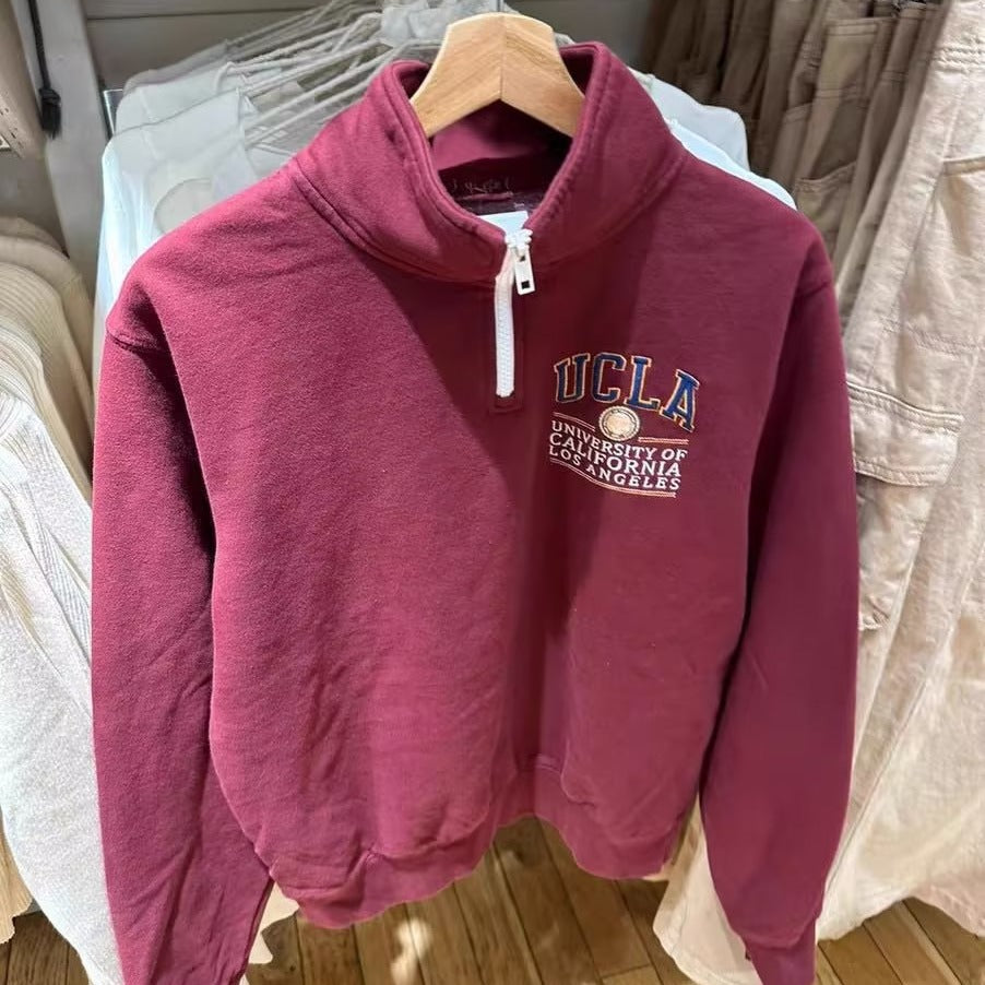 Wine Red Half-Zip Terry Pullover Sweater