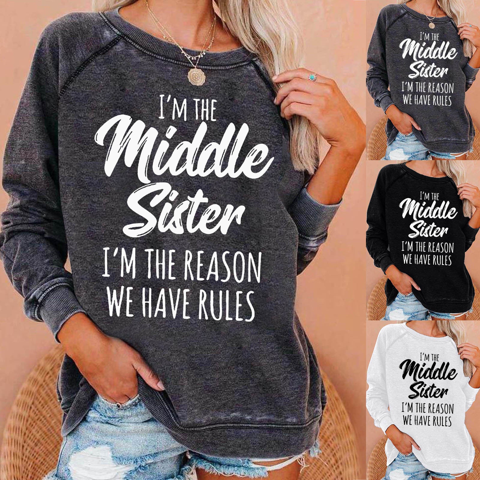 Middle Sister Print Casual Round Neck Pullover Sweater
