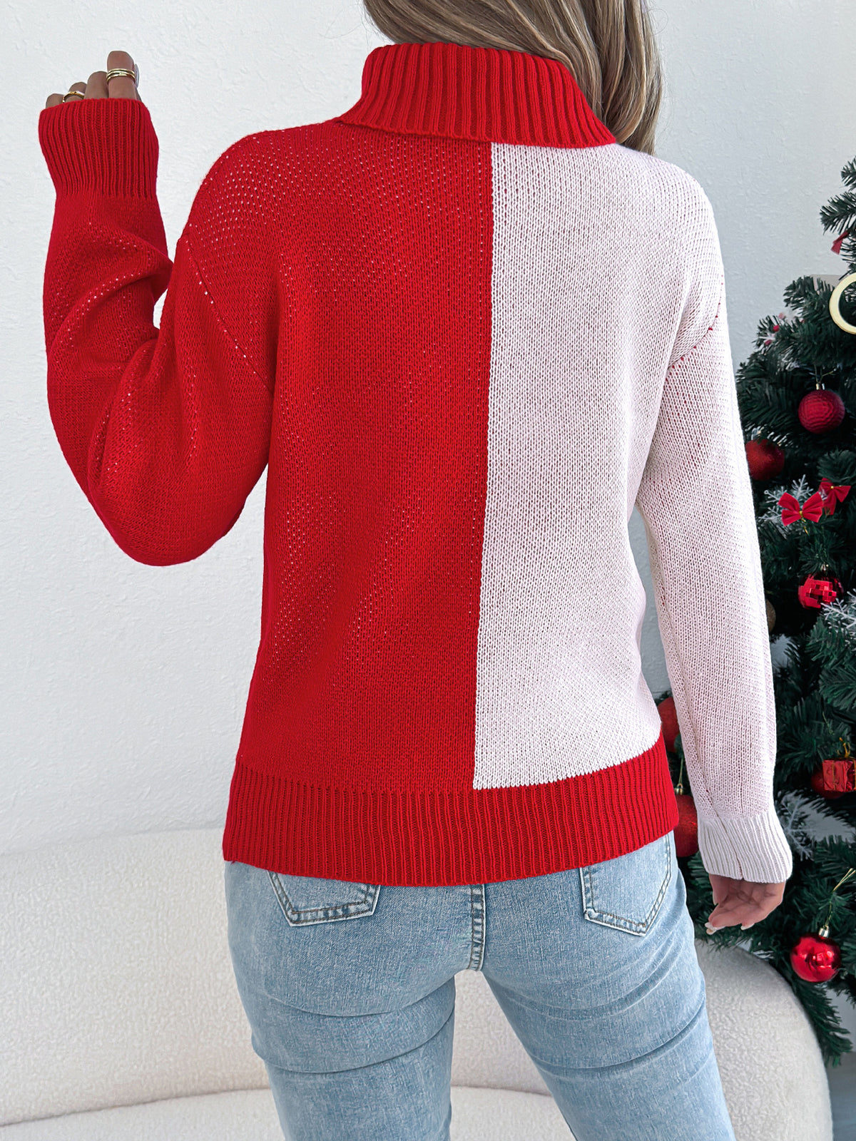 Color Block Deer Lantern Sleeve Turtleneck Pullover Sweater