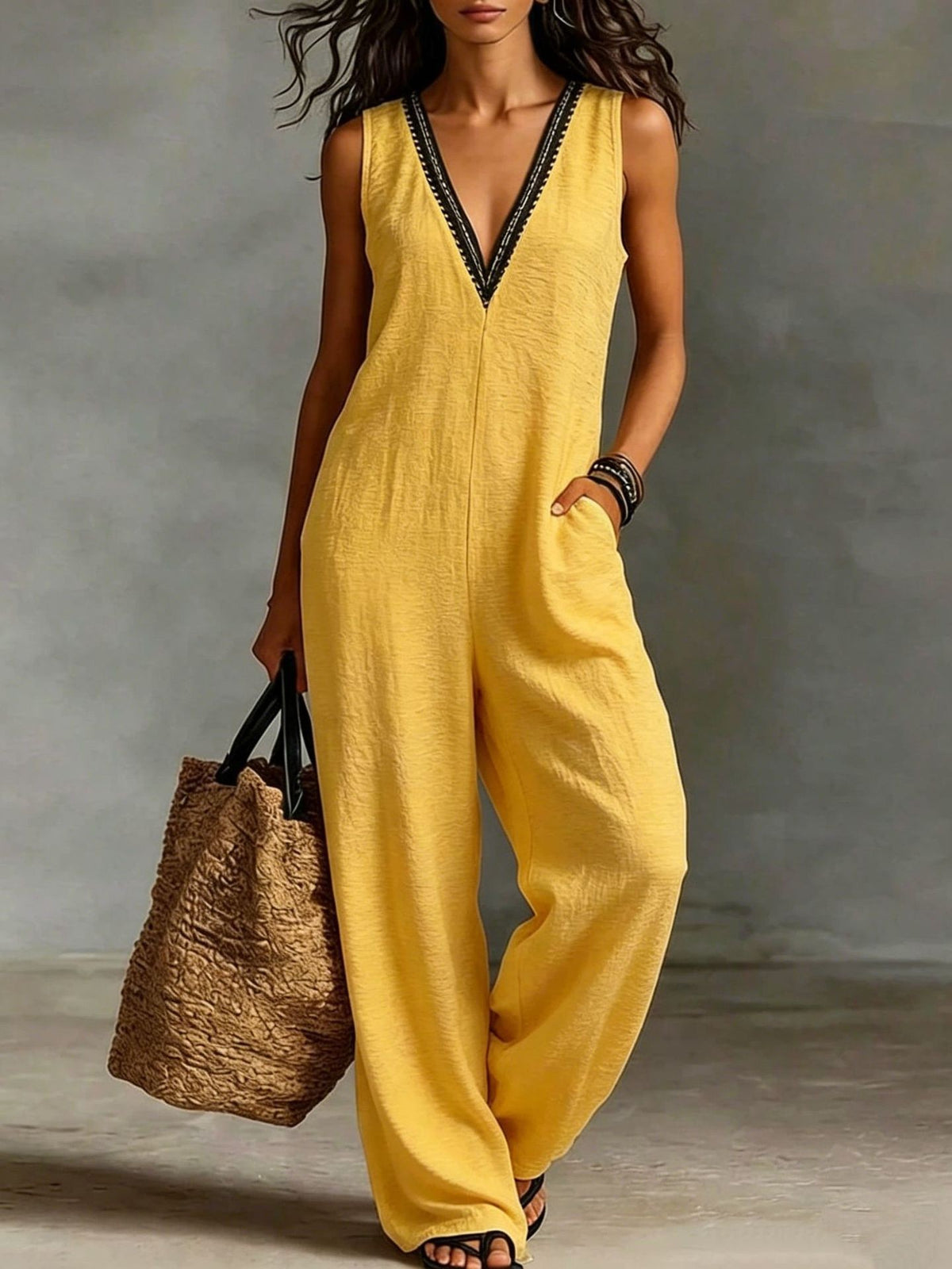 New Womens V-neck Sleeveless Wide-leg Jumpsuit