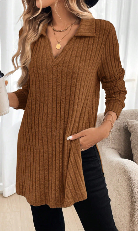 New-style Plus-size Fashion Casual Fallwinter Solid-color Turtleneck V-neck Loose-fitting Top