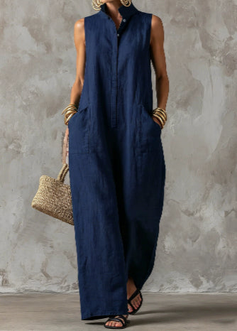 Chic Linen-Blend Stand-Collar Sleeveless Jumpsuit