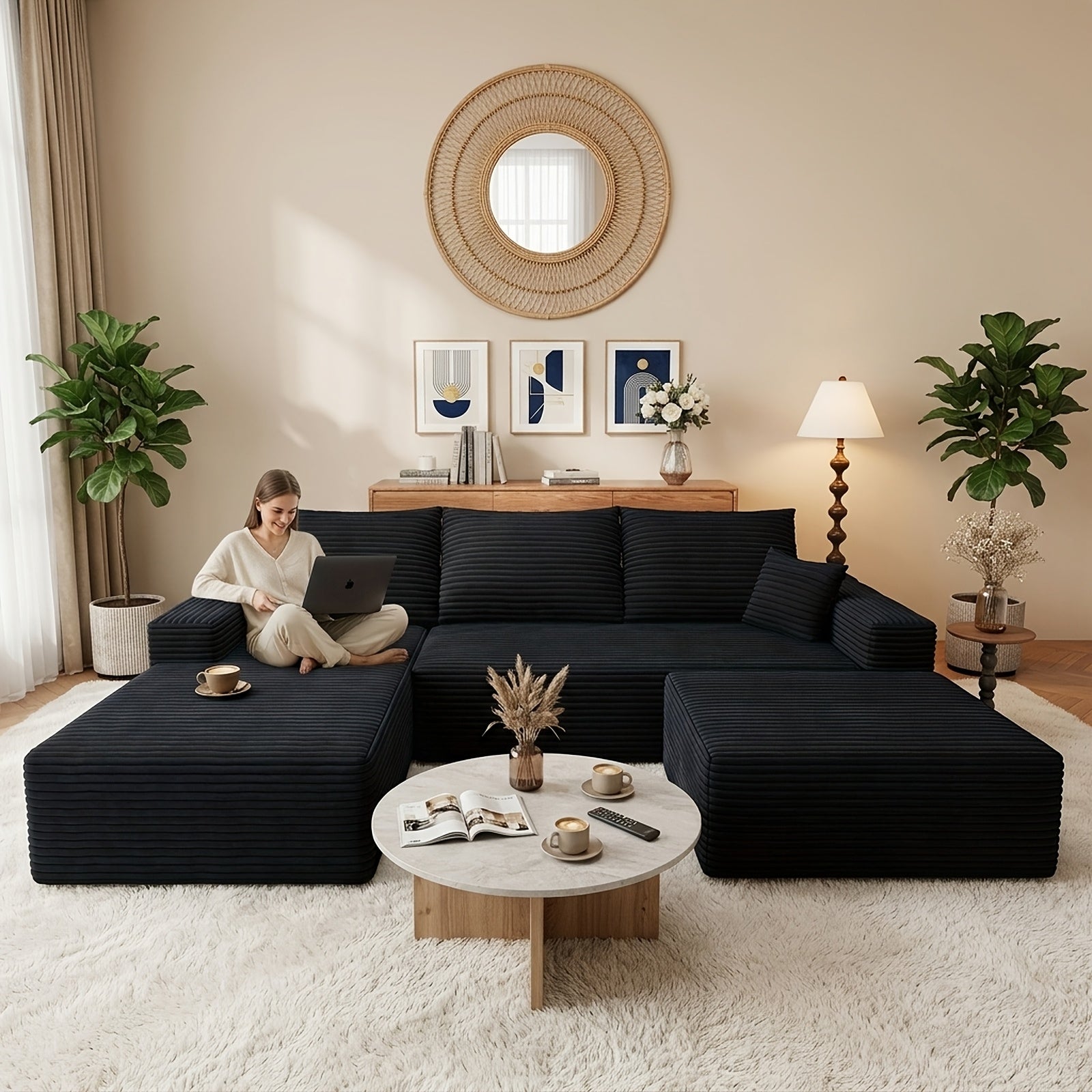 Modular L-shaped chaise longue sofa bed with deep seat and corduroy upholstery