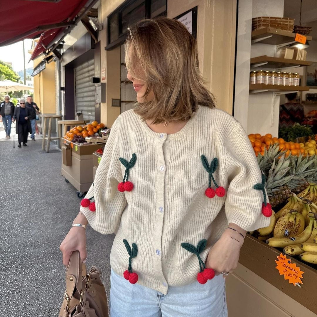 Milky White 3D Flower Knitted Cardigan – Cozy Short Sleeve