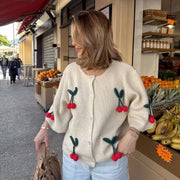 Milky White 3D Flower Knitted Cardigan – Cozy Short Sleeve