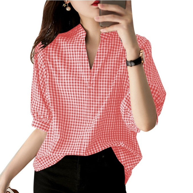 Loose Casual Half Sleeve Plaid Printed Shirt
