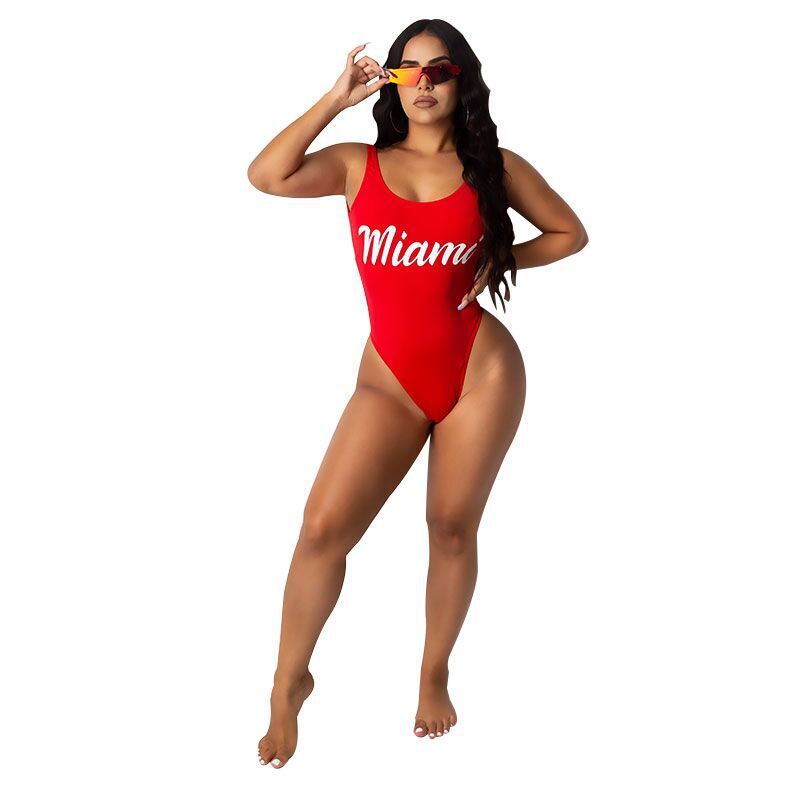Chic Letter Print Open Back One-Piece Swimsuit