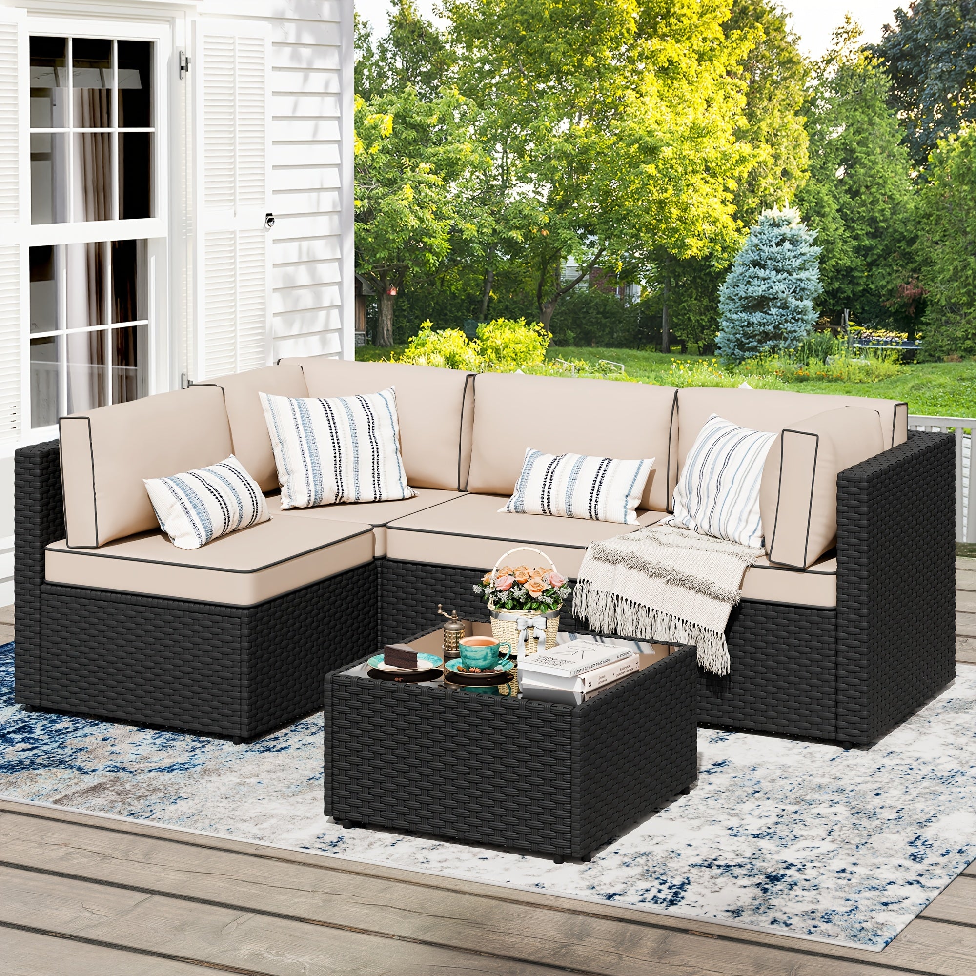 JAMFLY 5pcs Outdoor Patio Sectional Sofa Set PE Rattan Wicker Terrace Furniture with Thick Cushions & Tempered Glass Table for Garden Porch Deck