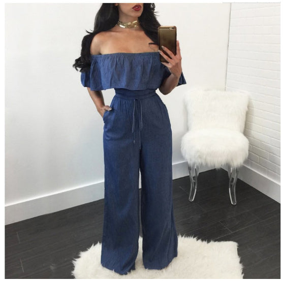 Women's Sexy Wide-Leg Denim Ruffled Jumpsuit