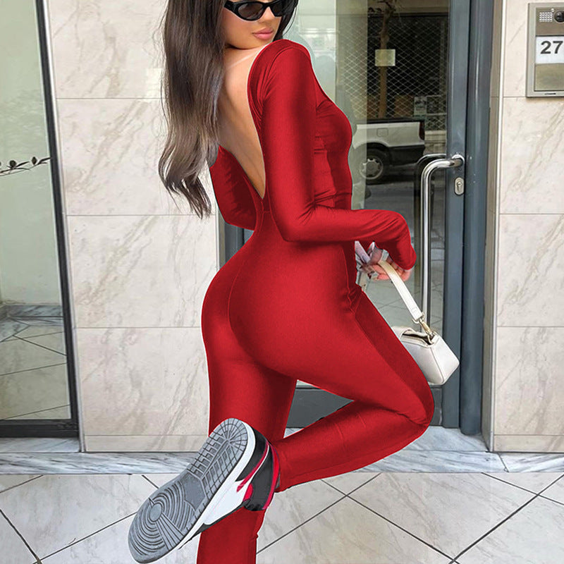 Women's Big U-neck Long-sleeved Slim-fit Sheath Jumpsuit