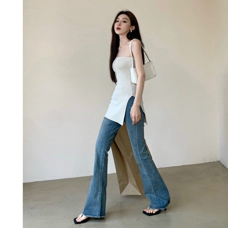 Backless Irregular Hem Tank Top & Straight Neck Bra Set