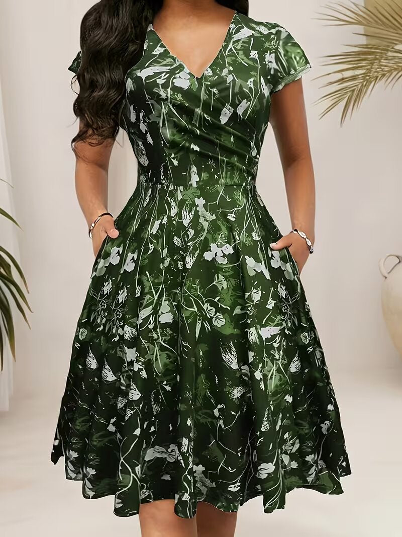 Womens Floral Waist Cinched Short Sleeve V Neck Dress