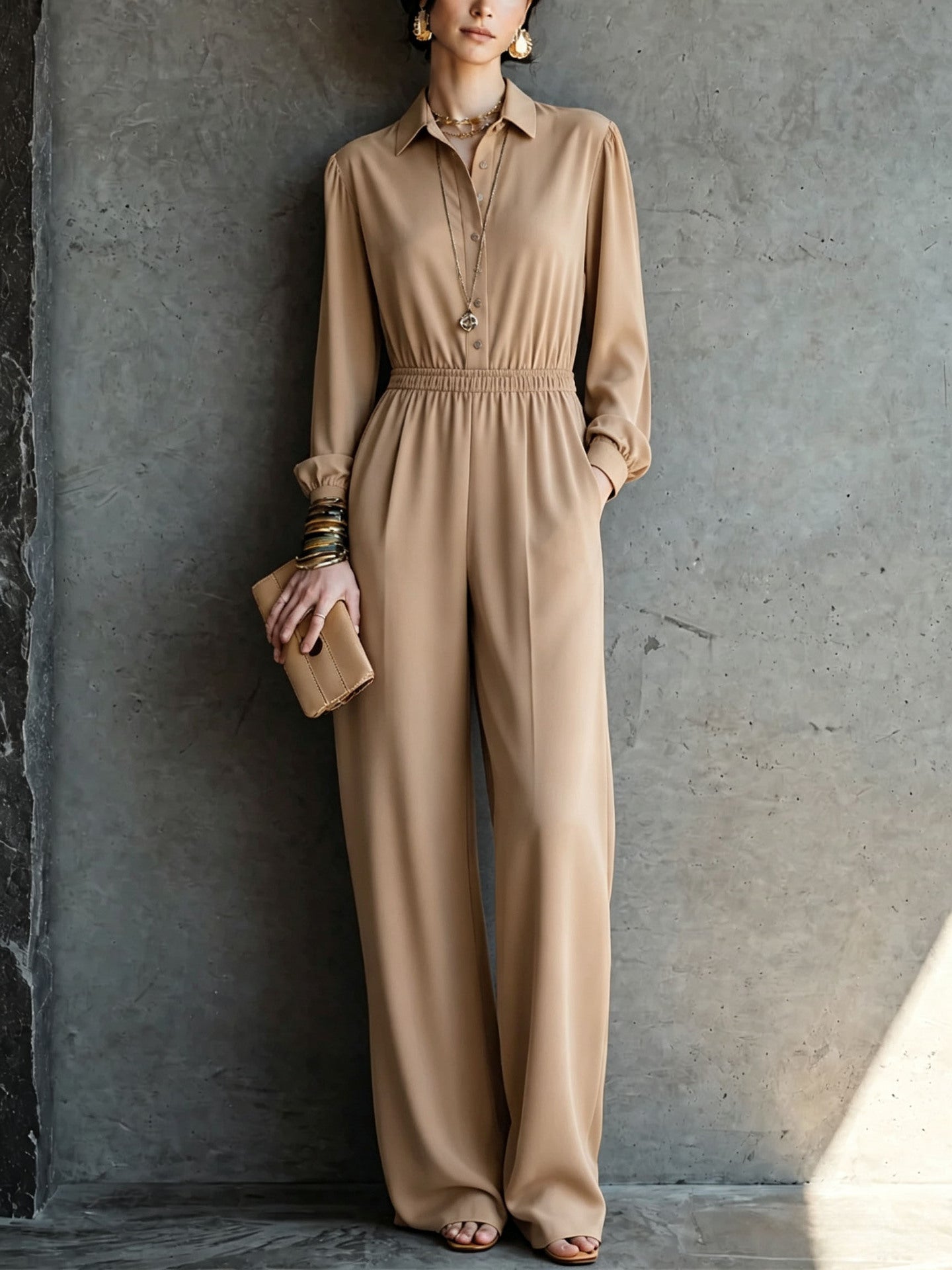 Casual Solid Color Pocket Long Sleeve Jumpsuit