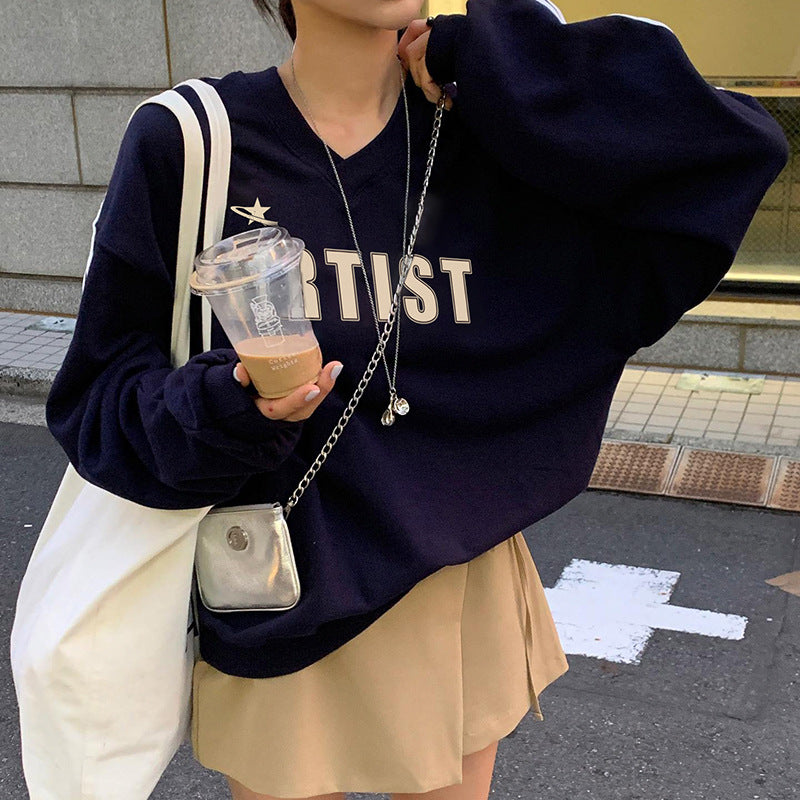 Women's Striped V-Neck Patchwork Pullover Sweater