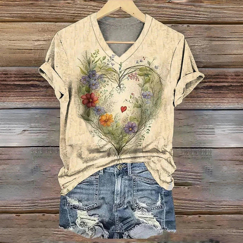 V-Neck 3D Print T-Shirt – Soft, Trendy Short Sleeve Top