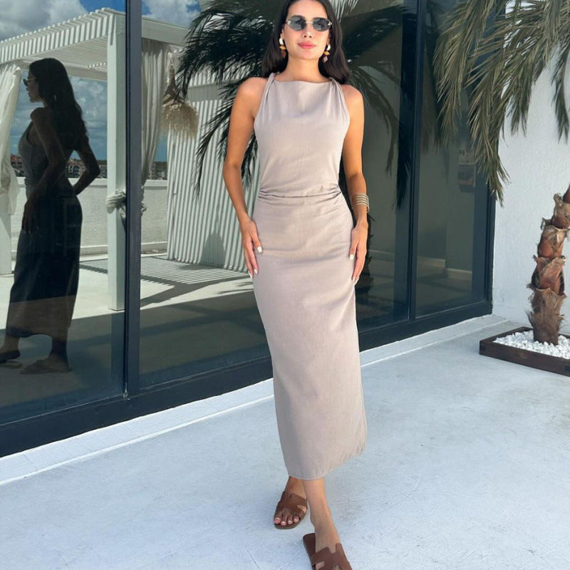 French Retro Hepburn Style One Shoulder Pleated Bodycon Dress High Waist Slim Fit