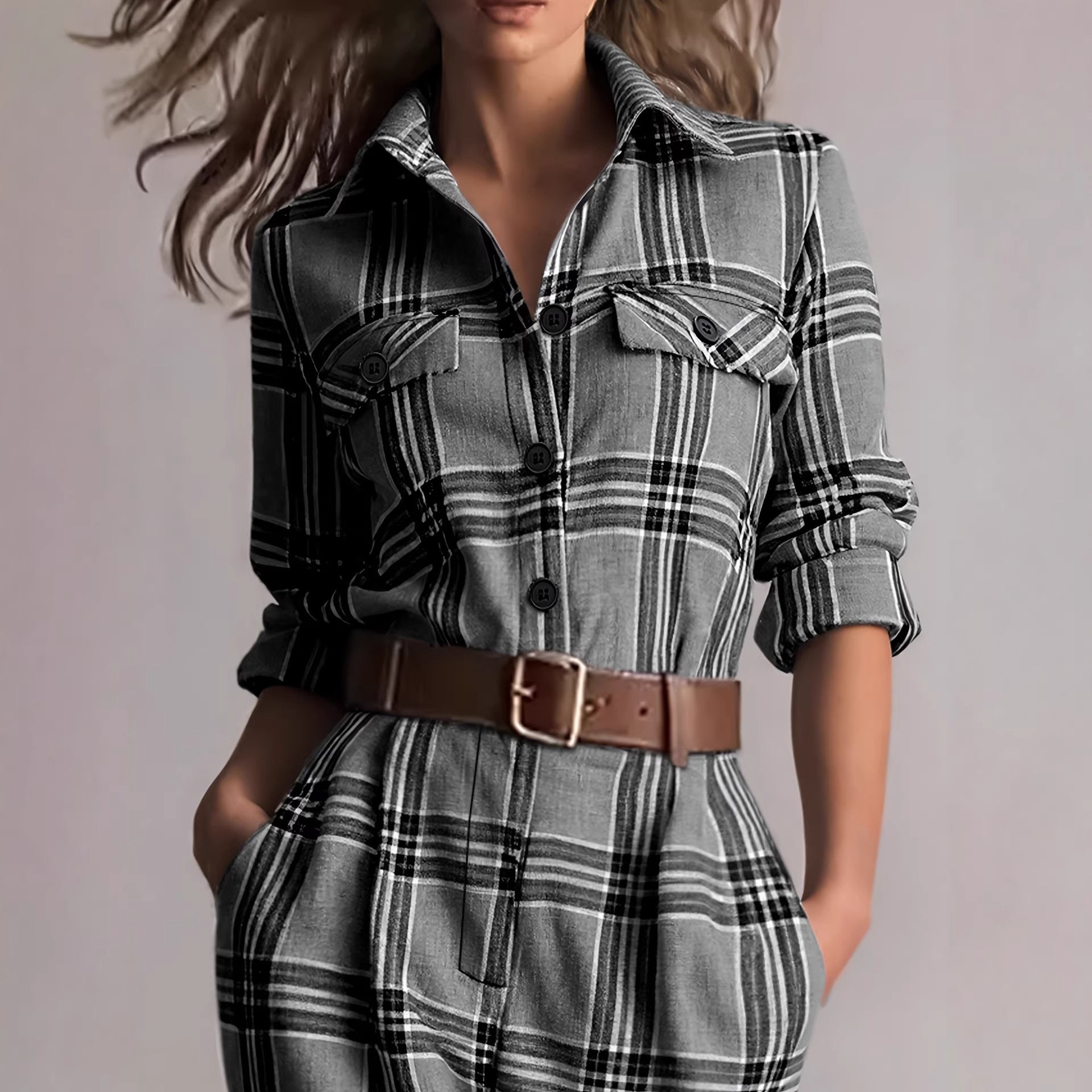 Retro Plaid High-Waisted Pocket Jumpsuit