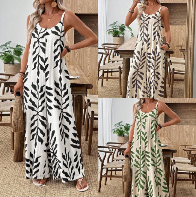 Chic Tropical Leaf V-Neck Jumpsuit with Pockets