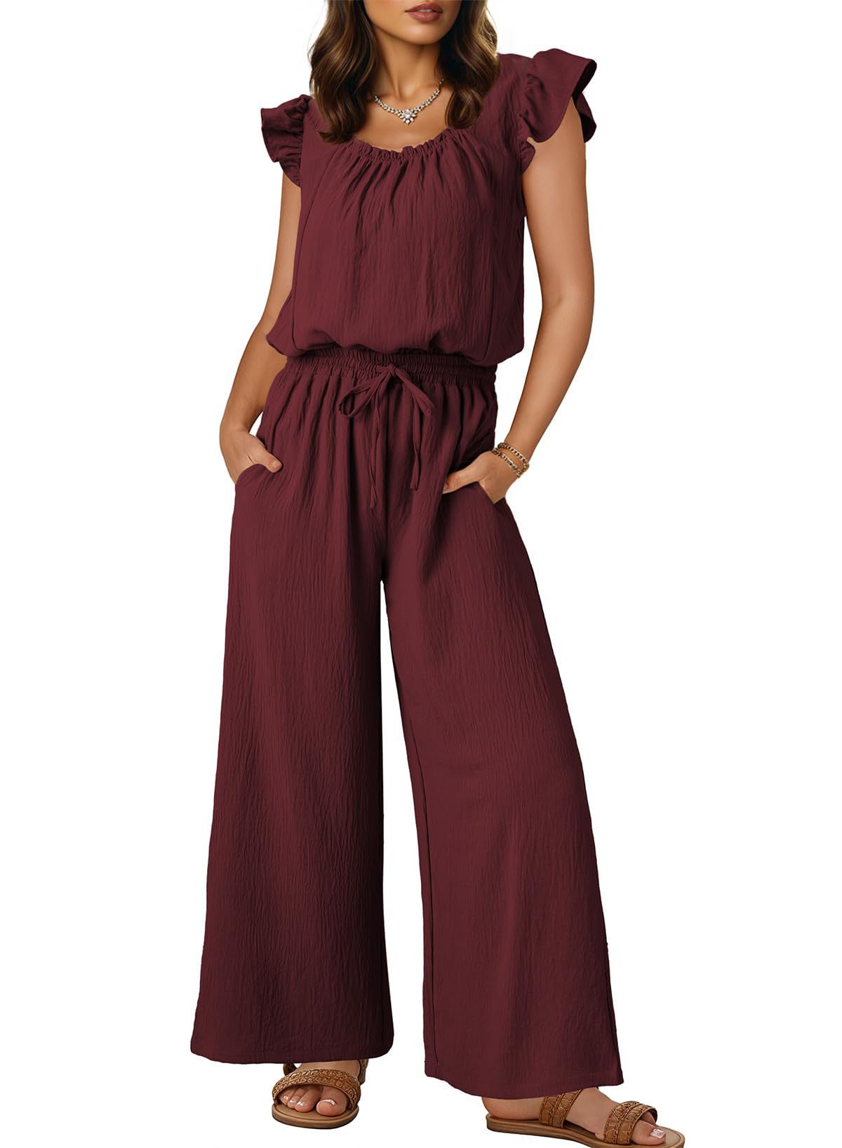 Solid-color Sleeveless Ruffle-sleeve One-piece Jumpsuit For Women