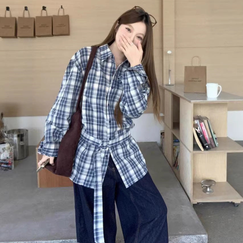 Womens Blue Plaid Shirt With Tie Waist For A Slimming Look