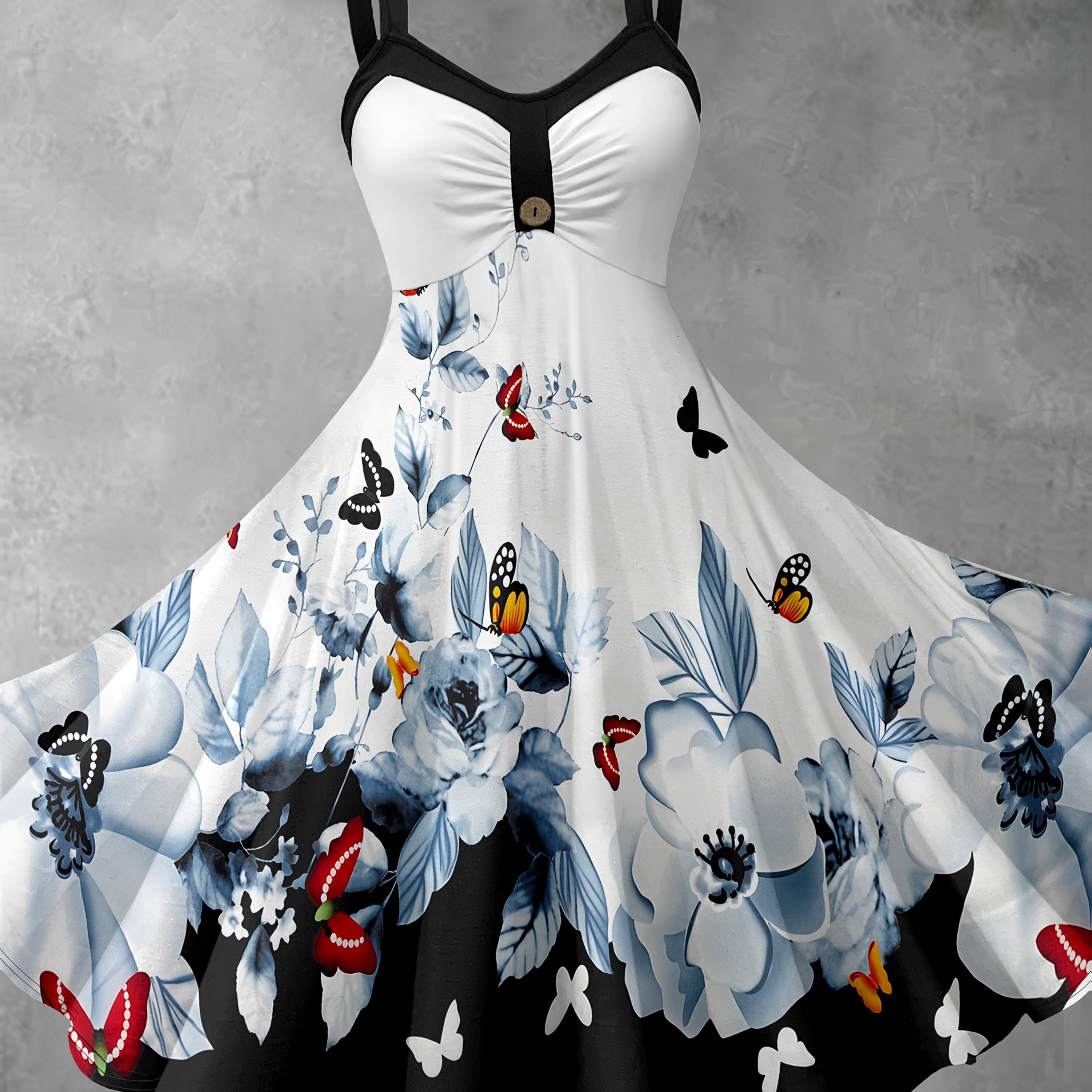 Butterfly Floral Print Camisole Maxi Dress with Color‑Block Flared Design – Elegant Long Summer Dress