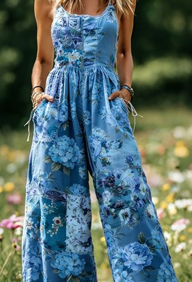 Women's American Retro Print Strappy Wide-Leg Jumpsuit