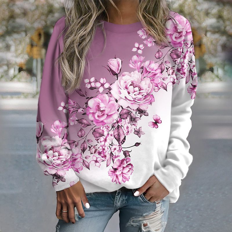 Cozy Love Print Long Sleeve Round Neck Sweater for Women
