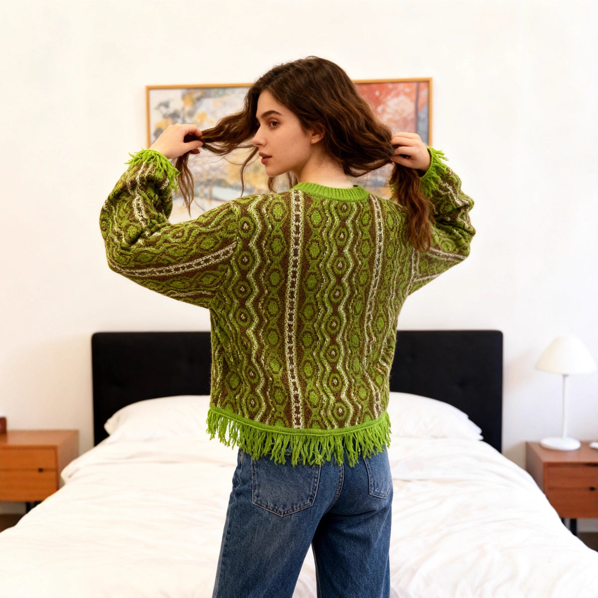 Contrast-color Jacquard Fringe Casual Round-neck Sweater