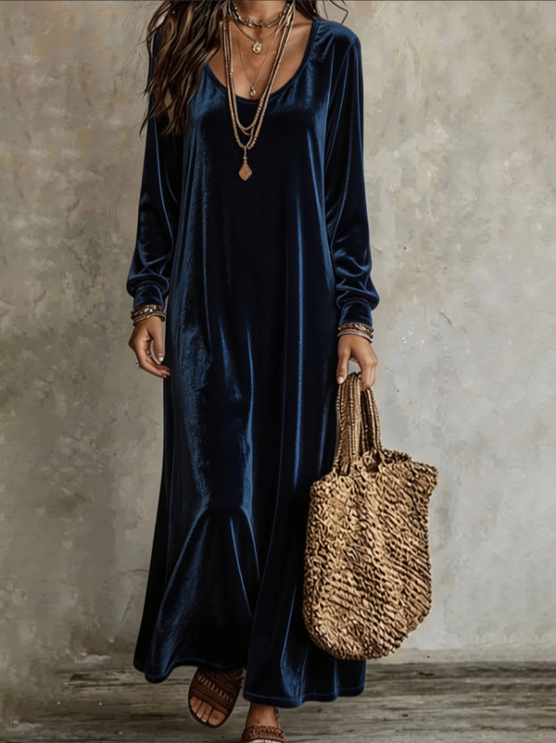 Annuo Women's Fall Winter Elegant Velvet Long Dress, Long Sleeve Maxi Dres