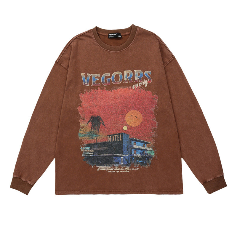 Vintage Washed Letter Print Cotton Crewneck Sweater