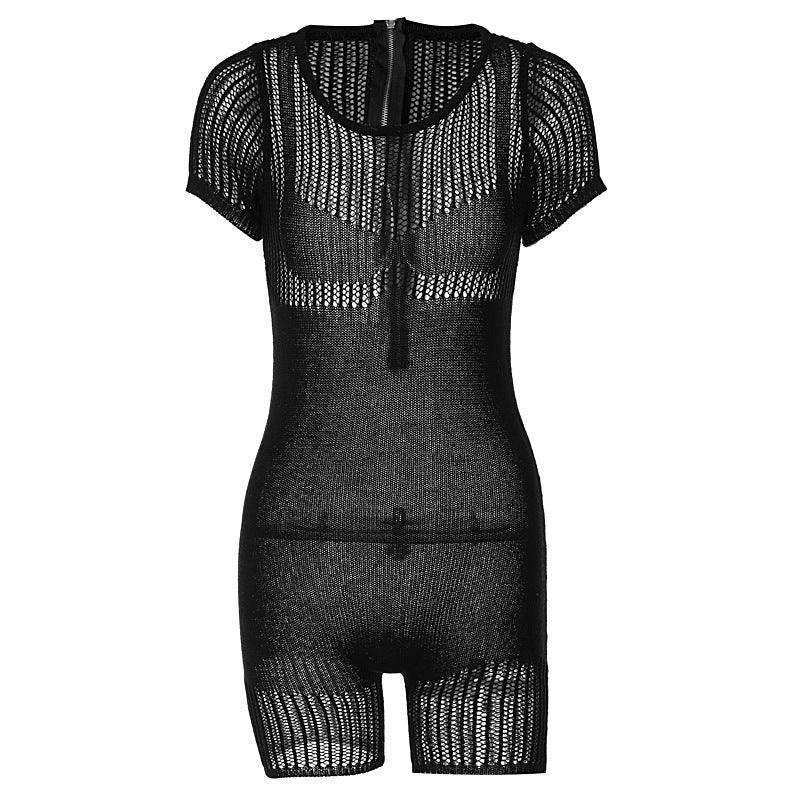 Women's Ribbed Knit Zip-Front Hip-Lifting Romper